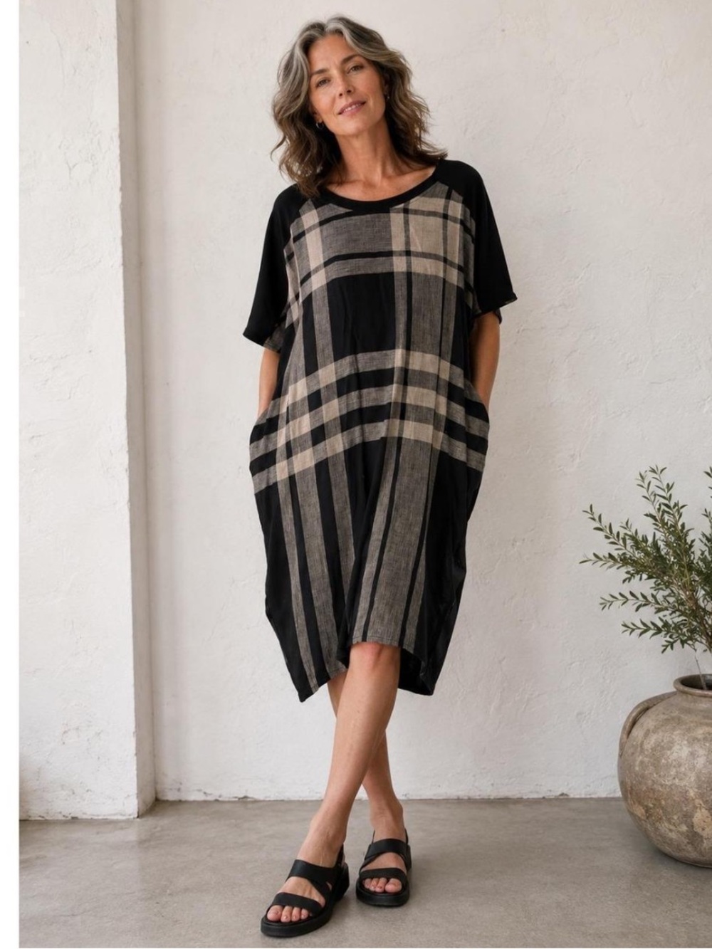 Alembika Plaid Kaftan Shift Dress Womens Oversized Black Linen Lagenlook Large